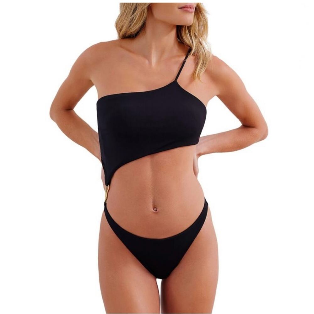 ViX Paula Hermanny Black Asymmetrical One-Shoulder Bikini gold Large NEW